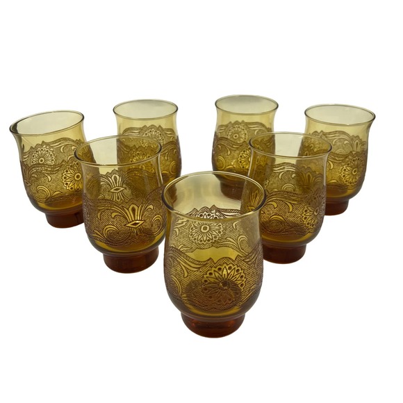 Vintage Amber Libbey Americana Lace Embossed Glass Etched Tumblers 7 Pieces MCM - Picture 1 of 10